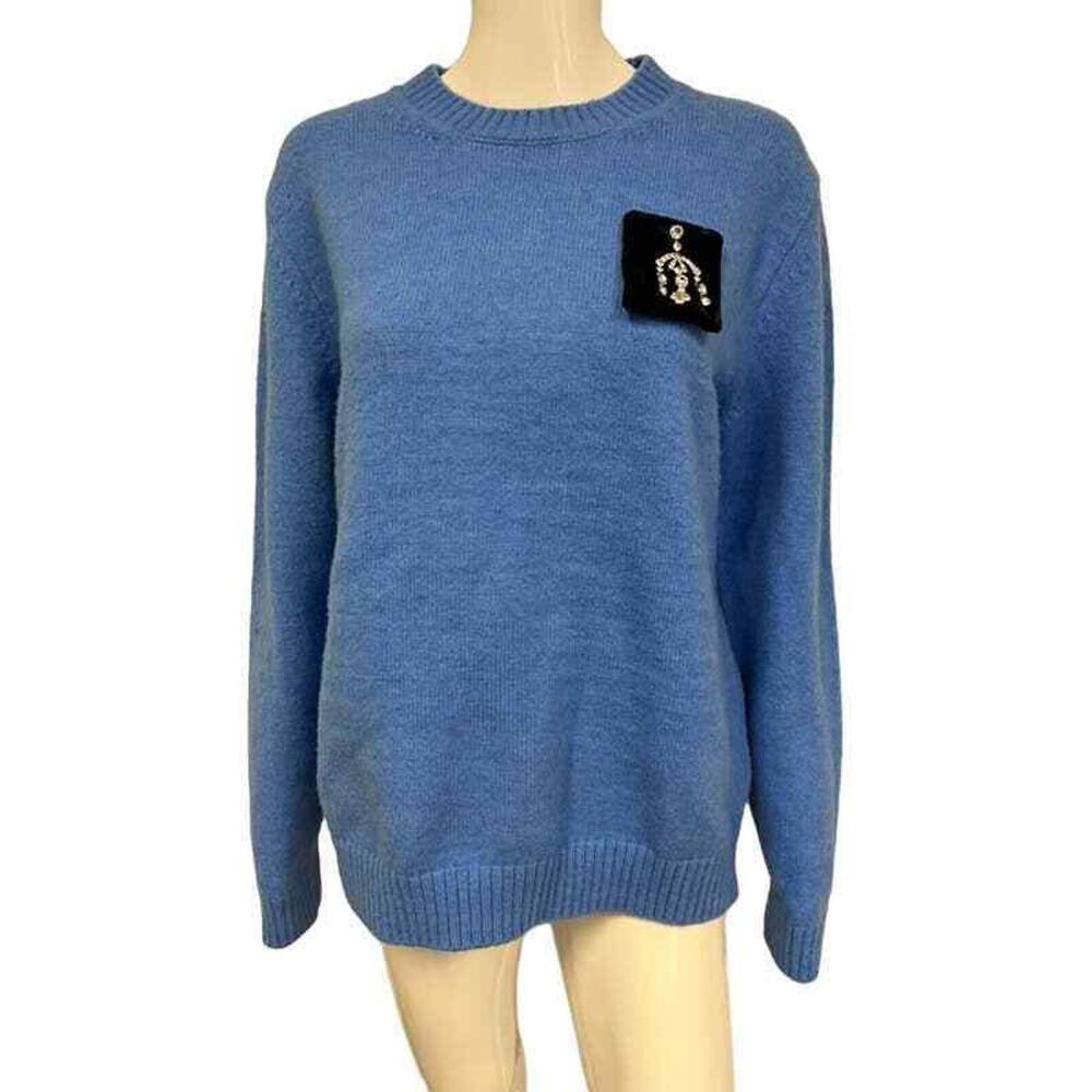 N°21 Blue Crystal Embellished Knit Ribbed Crewneck Long Sleeves Sweater 46 US L - Picture 2 of 5